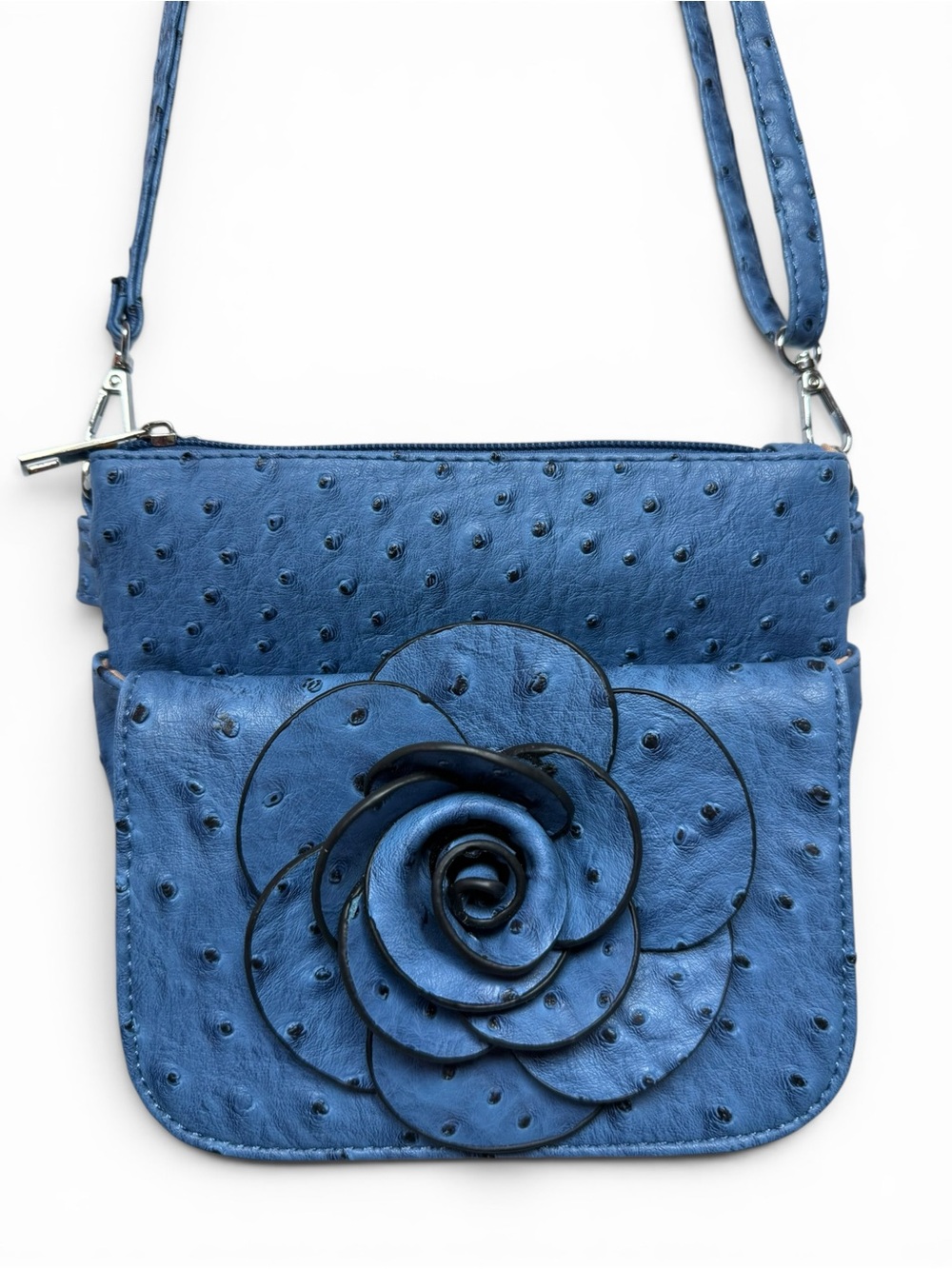 Blue Faux Ostrich Leather Floral Crossbody Bag Adjustable Strap
